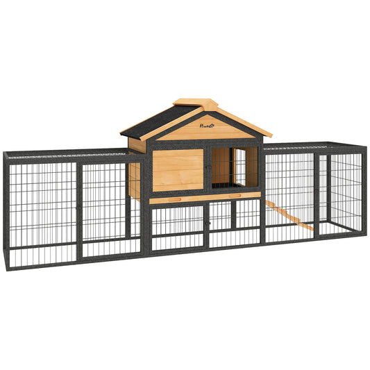PawHut Outdoor Wooden Rabbit Hutch with Steel Run, Ramp &amp; Removable Tray