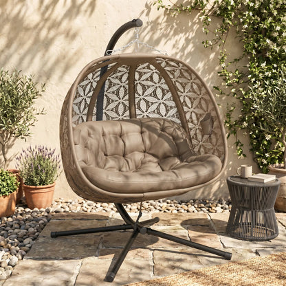 Outsunny Outdoor Double Hanging Chair with Cushion and Cup Holders, Sand Brown