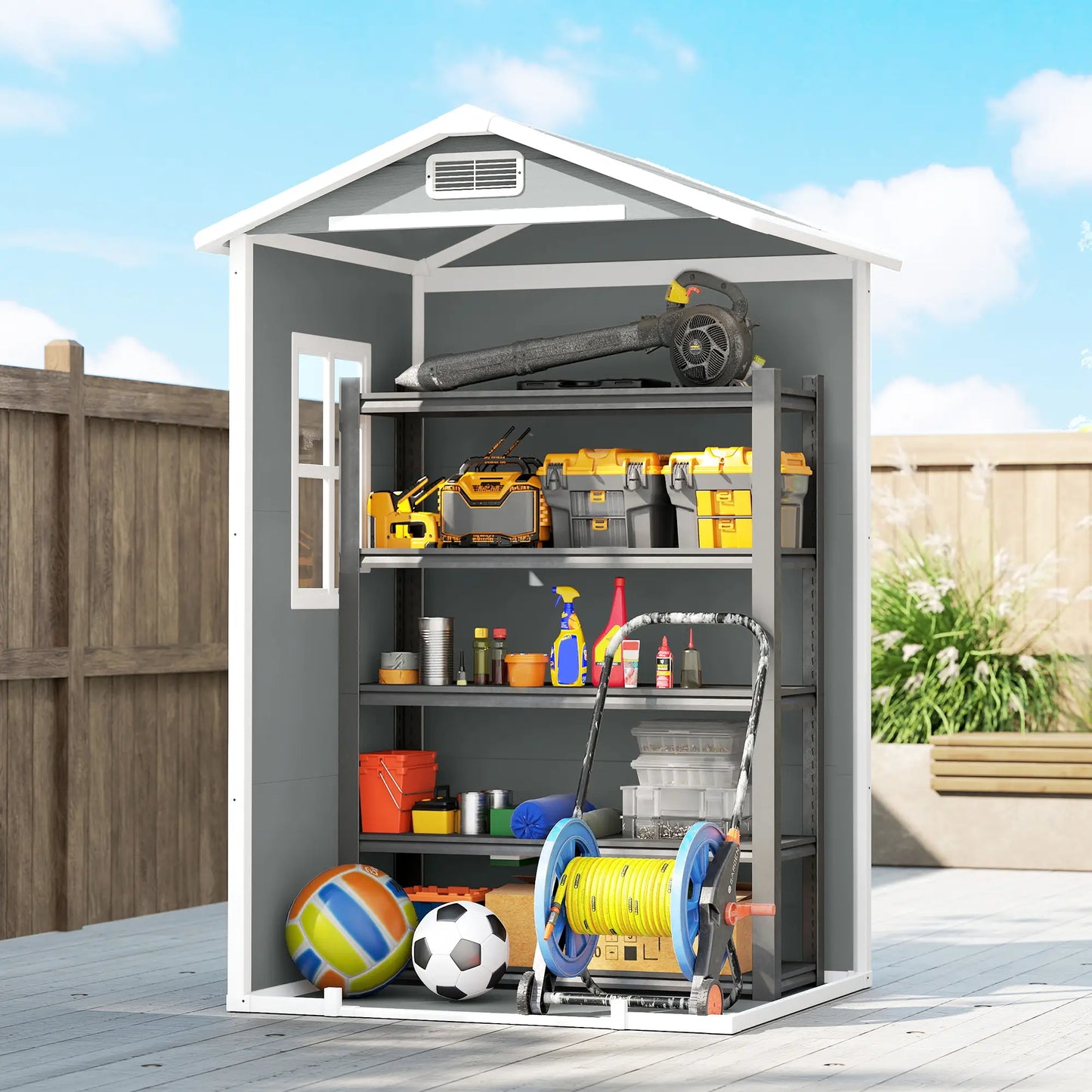 Outsunny 4 x 3ft Plastic Garden Shed with Floor, Lockable Door, Window & Vent – Light Grey