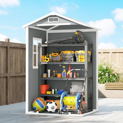 Outsunny 4 x 3ft Plastic Garden Shed with Floor, Lockable Door, Window & Vent – Light Grey