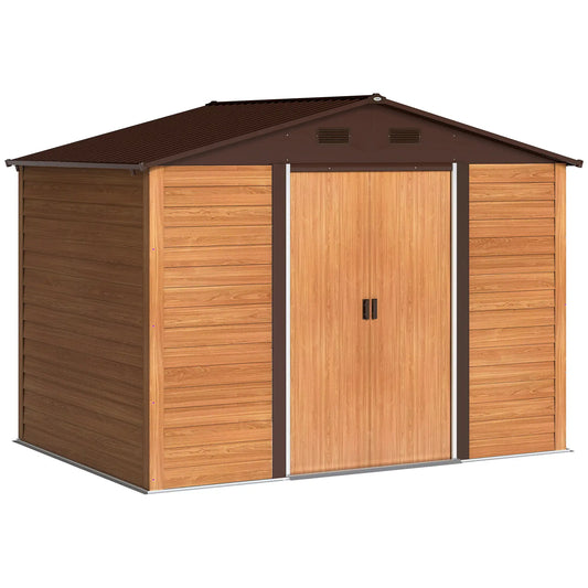 Outsunny 9 x 6ft Metal Garden Shed Brown Wood Effect with Sliding Doors & Vents, Brown Wood Effect