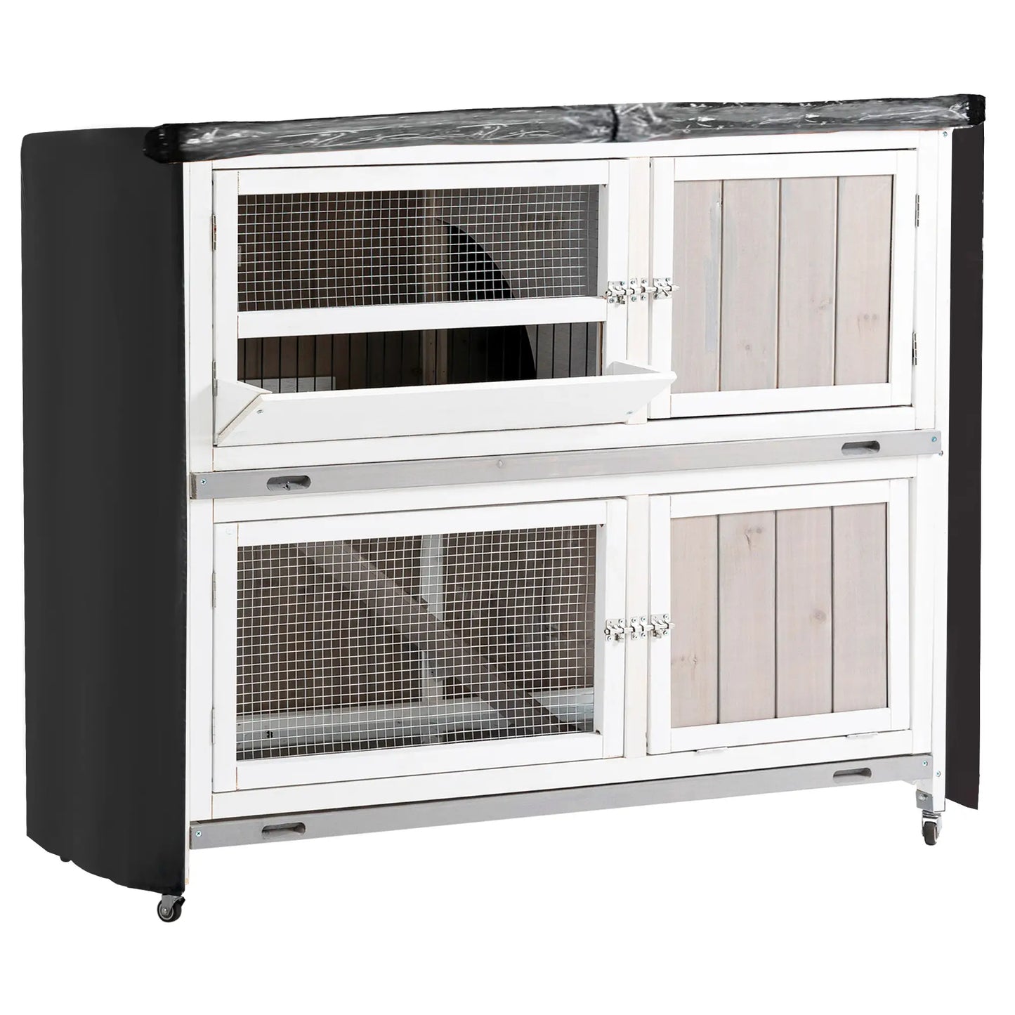 PawHut Two-Tier Wooden Rabbit Hutch with Rain Cover, Wheels & Feeding Trough – White
