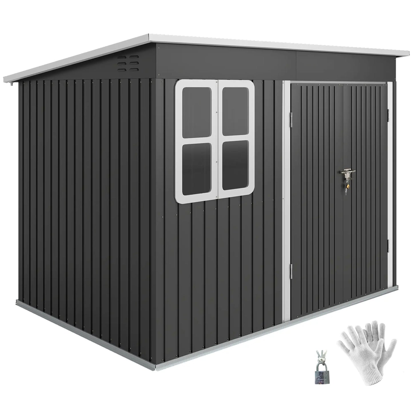 Outsunny 8.5 x 6ft Galvanised Steel Garden Storage Shed with Window & Lockable Doors, Dark Grey