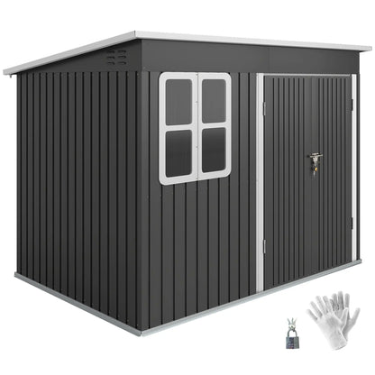 Outsunny 8.5 x 6ft Galvanised Steel Garden Storage Shed with Window & Lockable Doors, Dark Grey