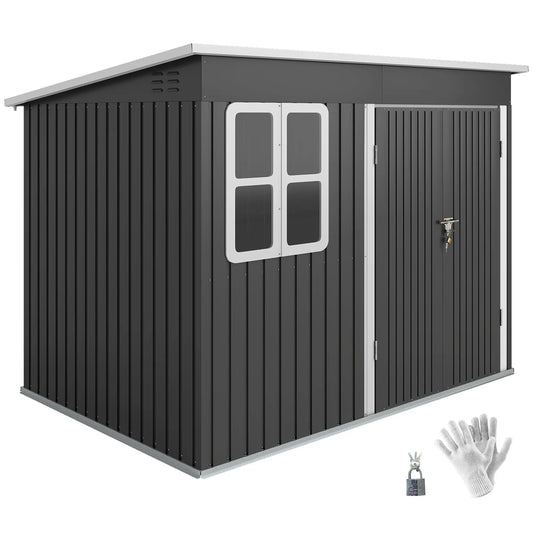 Outsunny 8.5 x 6ft Galvanised Steel Garden Storage Shed with Window & Lockable Doors, Dark Grey
