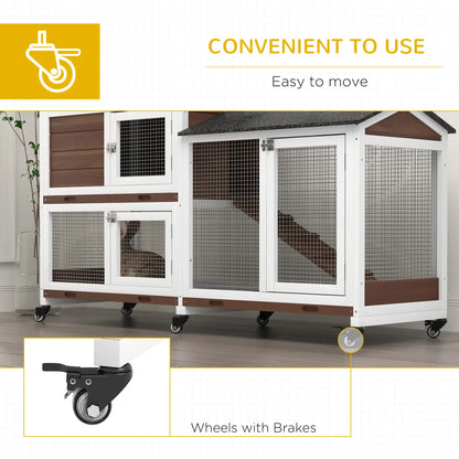 PawHut Wooden Two-Tier Rabbit Hutch with Run & Wheels – Brown