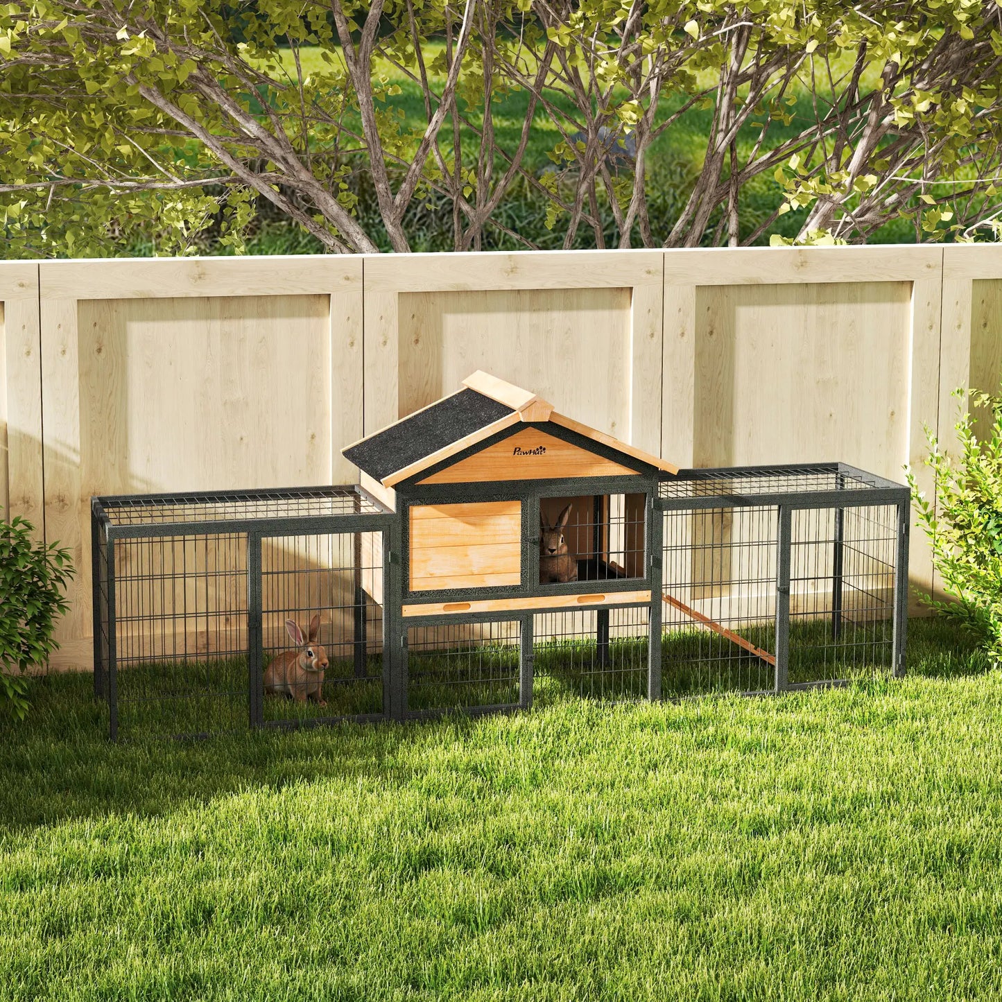 PawHut Outdoor Wooden Rabbit Hutch with Steel Run, Ramp &amp; Removable Tray
