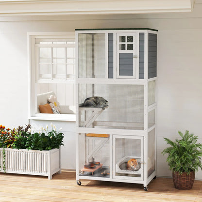 PawHut Wooden Catio Cat Outdoor Enclosure with Waterproof Roof - White