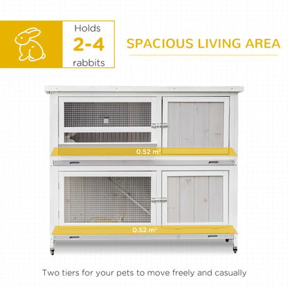 PawHut Two-Tier Wooden Rabbit Hutch with Rain Cover, Wheels & Feeding Trough – White