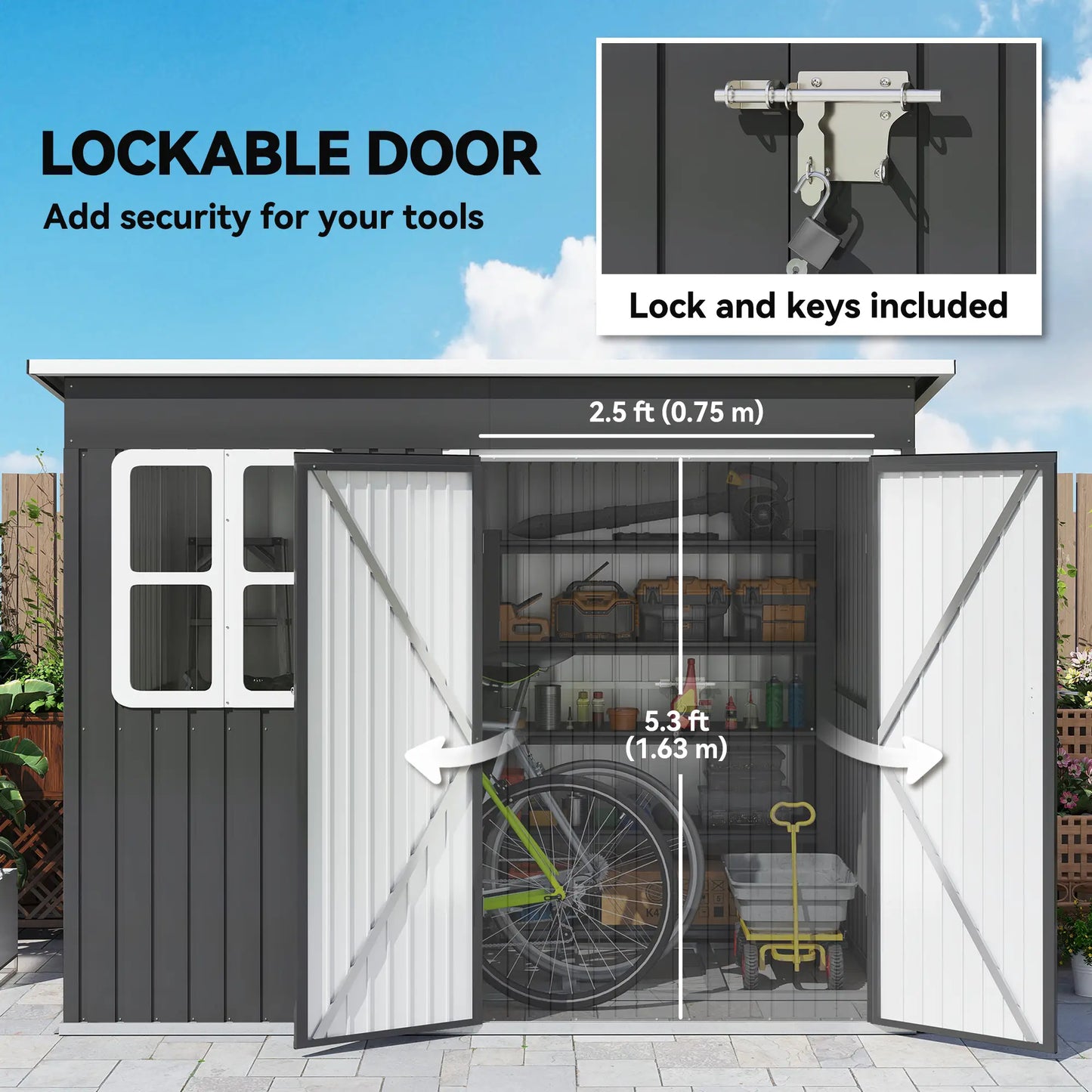 Outsunny 8.5 x 6ft Galvanised Steel Garden Storage Shed with Window & Lockable Doors, Dark Grey