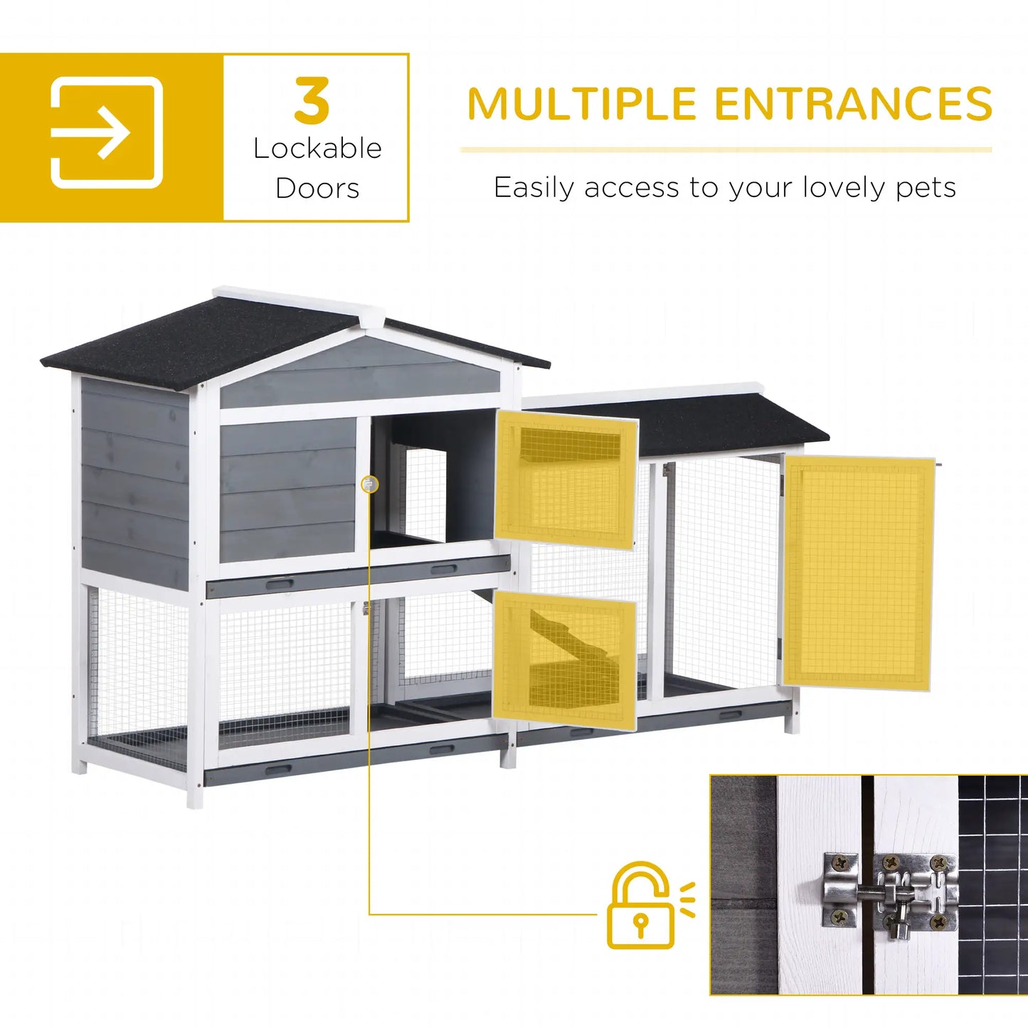 PawHut Wooden Two-Tier Rabbit Hutch with Ramp & Removable Trays – Grey