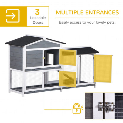 PawHut Wooden Two-Tier Rabbit Hutch with Ramp & Removable Trays – Grey