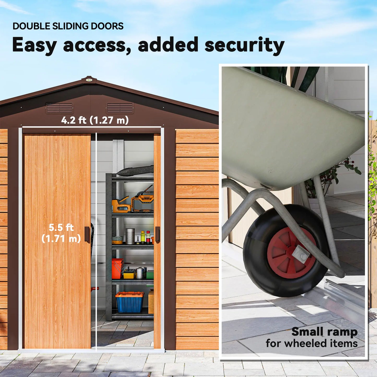 Outsunny 9 x 6ft Metal Garden Shed Brown Wood Effect with Sliding Doors & Vents, Brown Wood Effect
