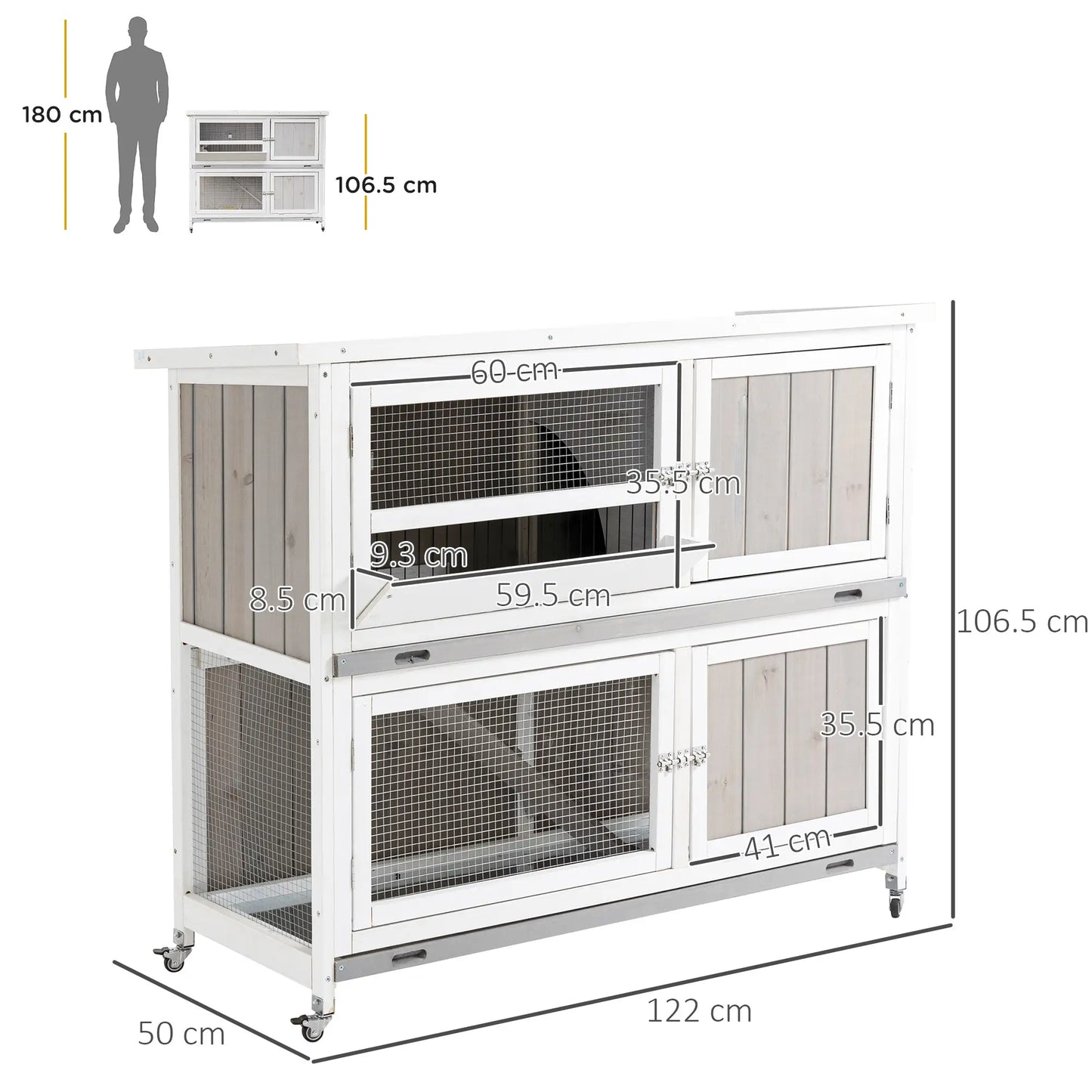 PawHut Two-Tier Wooden Rabbit Hutch with Rain Cover, Wheels & Feeding Trough – White