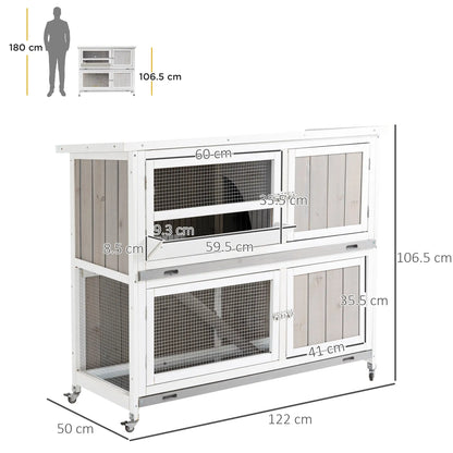 PawHut Two-Tier Wooden Rabbit Hutch with Rain Cover, Wheels & Feeding Trough – White