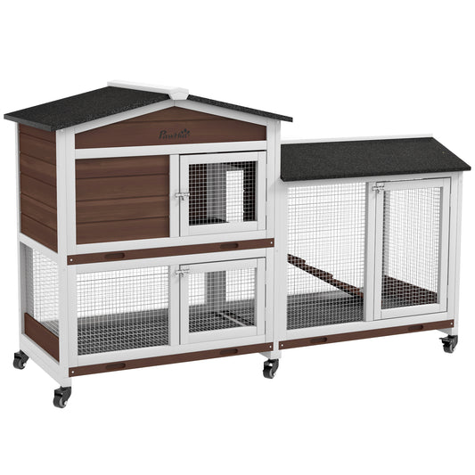PawHut Wooden Two-Tier Rabbit Hutch with Run & Wheels – Brown