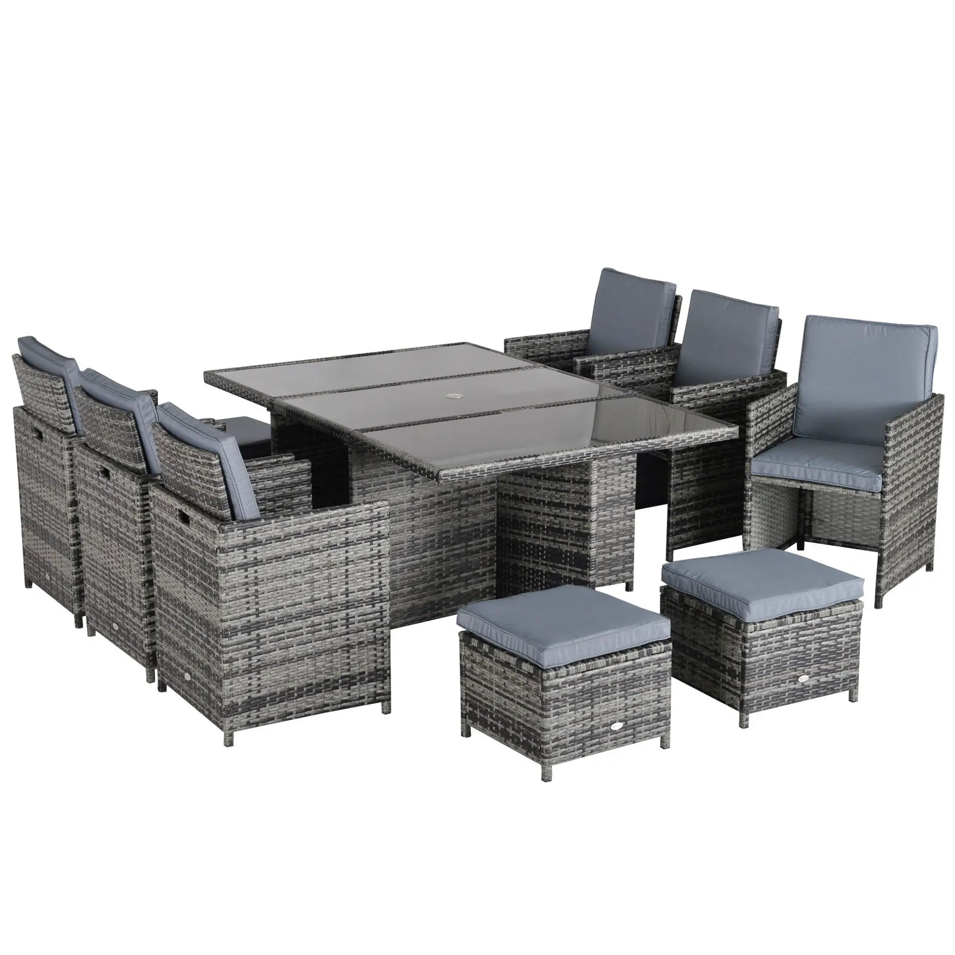 Outsunny 10 Seater Rattan Cube Garden Furniture Set with Parasol Hole, Rattan Dining Set with Cushions, Outdoor Dining Table and Chairs with Rectangular Glass Top Table for Patio, Mixed Grey