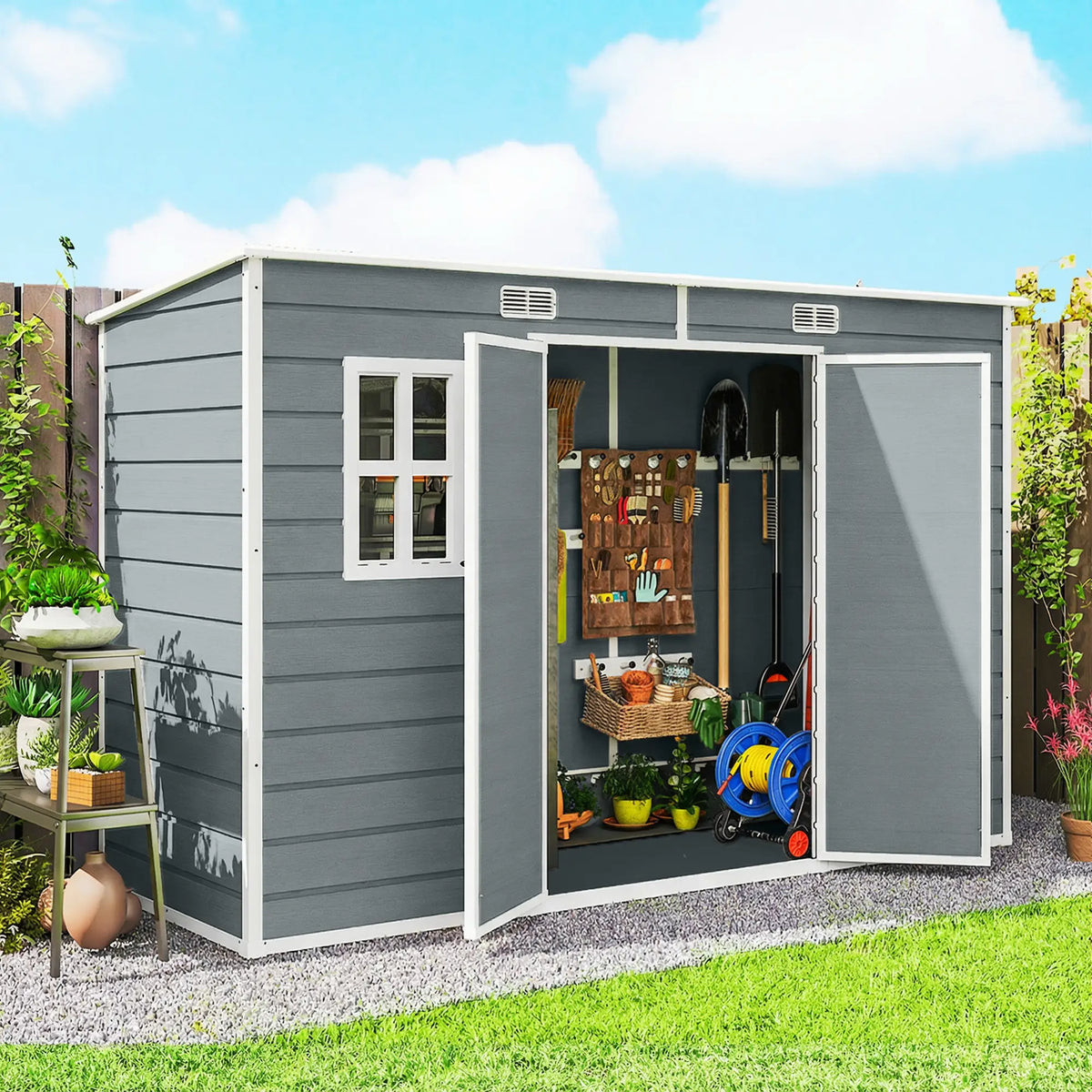 Outsunny 10 x 4 ft Resin Garden Shed, Outdoor Storage Shed with Floor, Windows, Lockable Doors and Vents, Grey