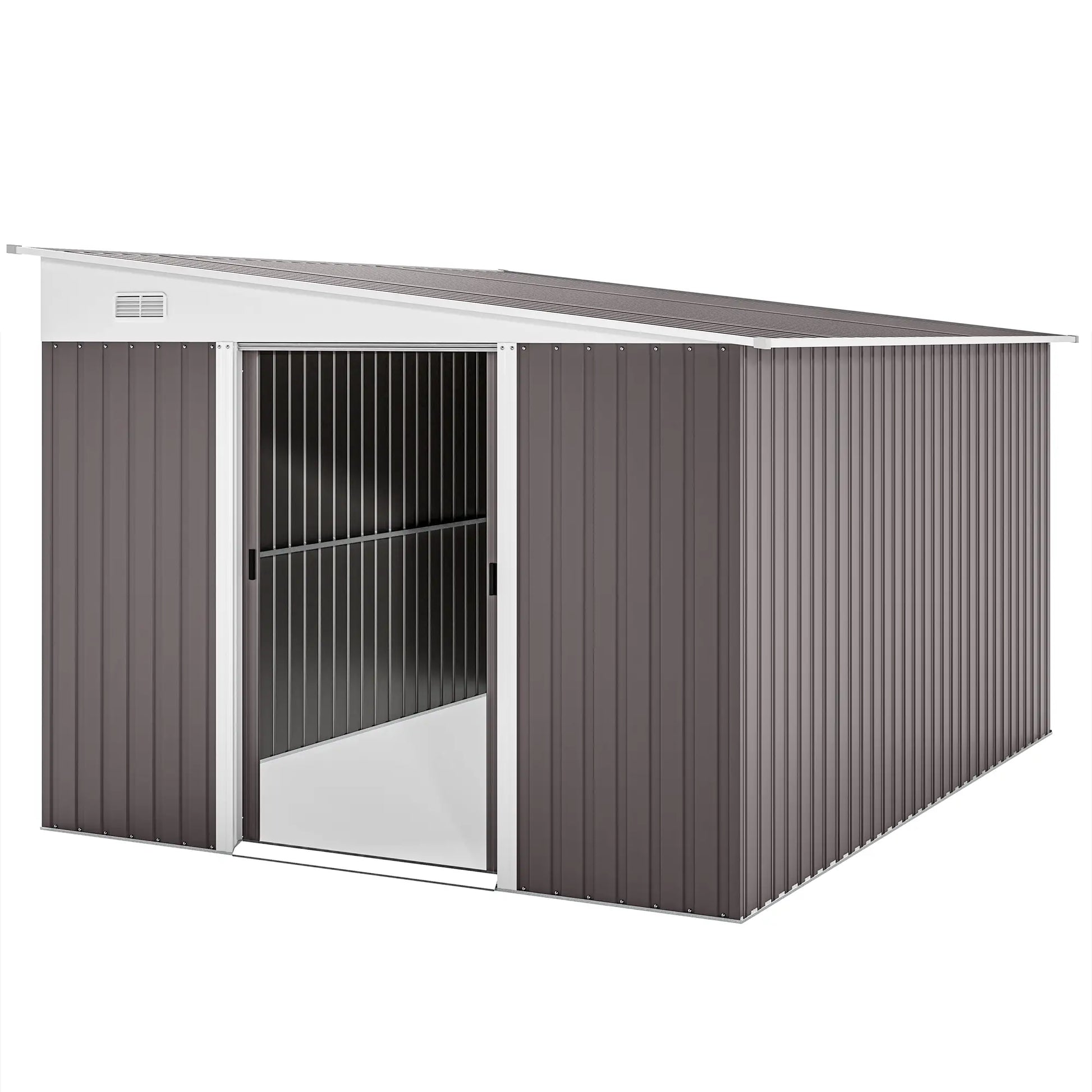 Outsunny 11.3 x 9.2ft Lean to Metal Garden Shed, Waterproof Outdoor Tool & Bike Storage Shed Galvanised with Lockable Double Sliding Doors, Pent Roof and 2 Air Vents, Grey