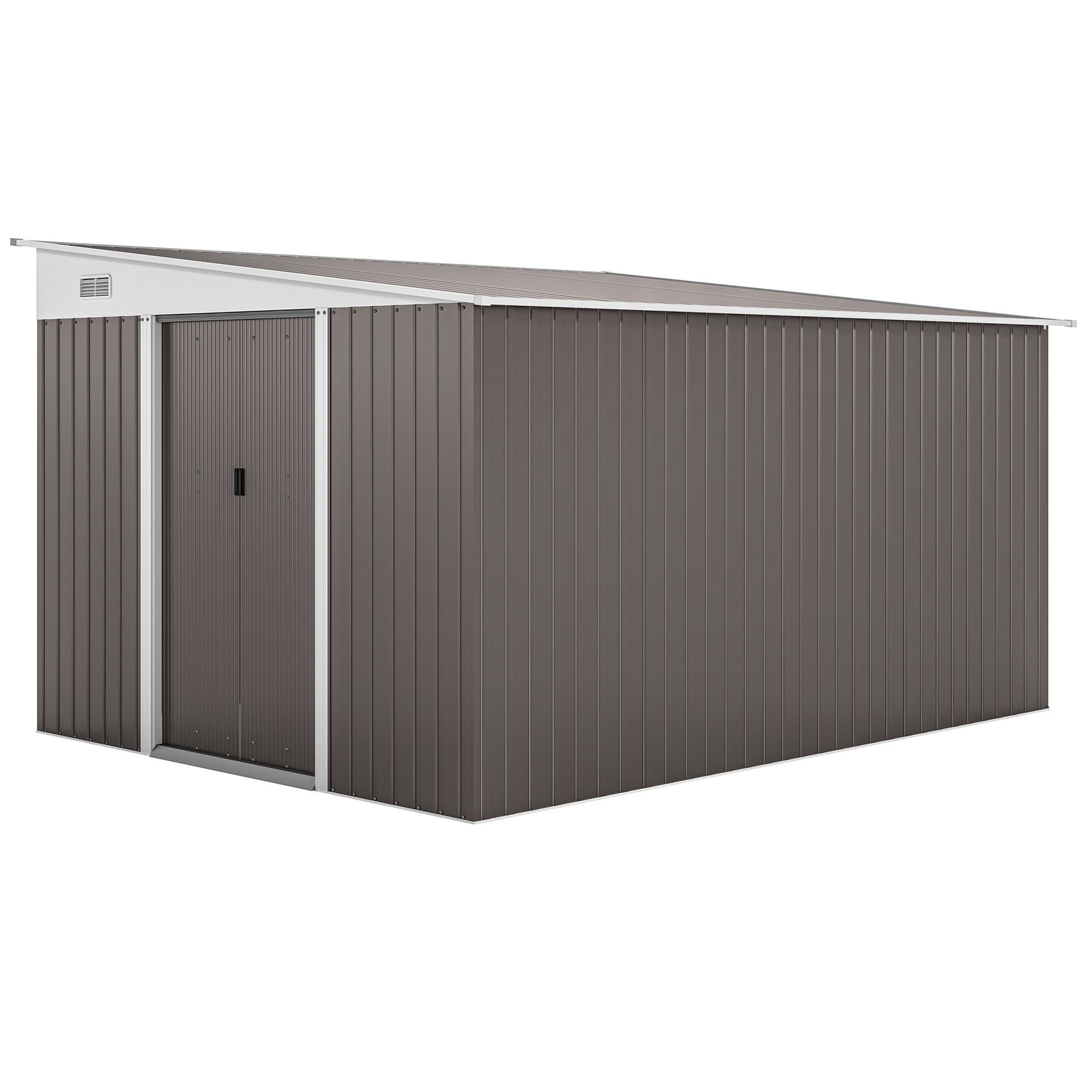 Outsunny 11.3 x 9.2ft Lean to Metal Garden Shed, Waterproof Outdoor Tool & Bike Storage Shed Galvanised with Lockable Double Sliding Doors, Pent Roof and 2 Air Vents, Grey