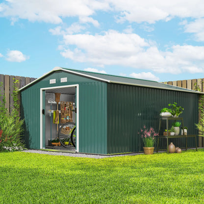 Outsunny 12.5ft Sliding Door Durable Steel Storage Shed with 4 Ventilation Outdoor, Green