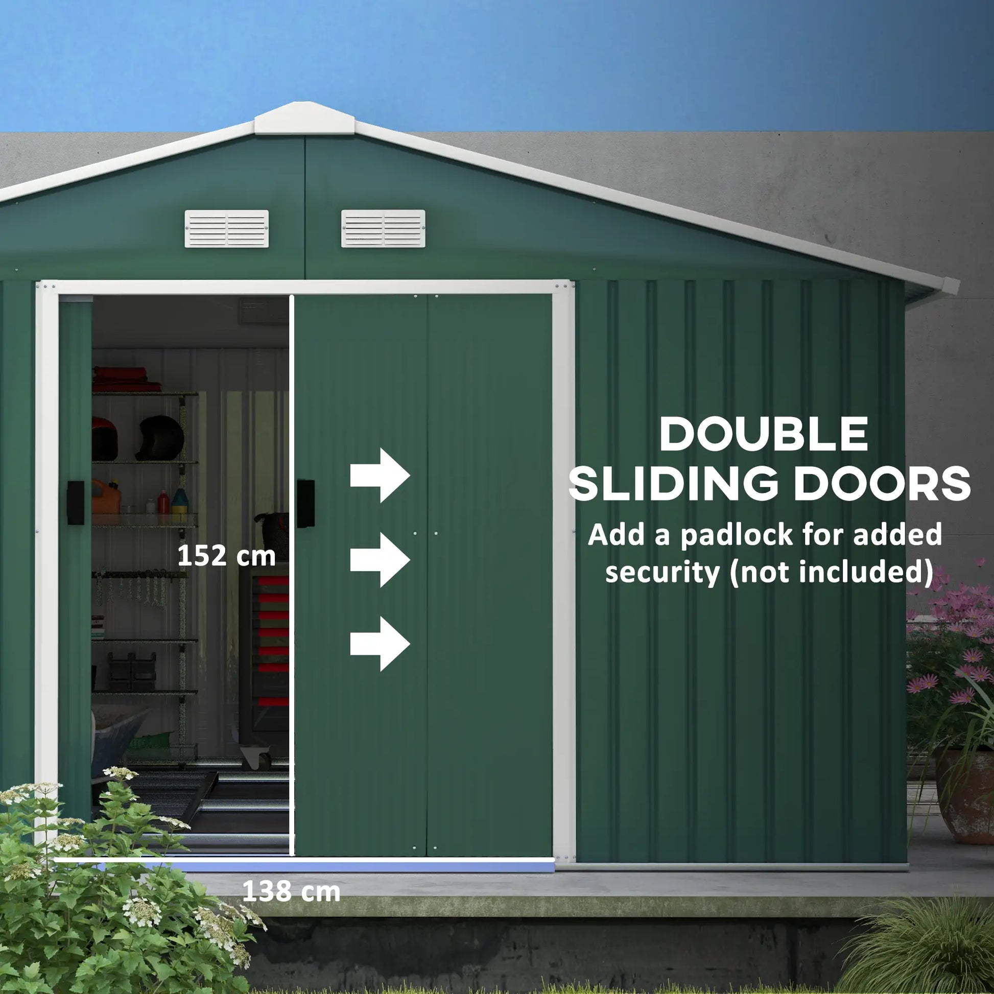 Outsunny 12.5ft Sliding Door Durable Steel Storage Shed with 4 Ventilation Outdoor, Green