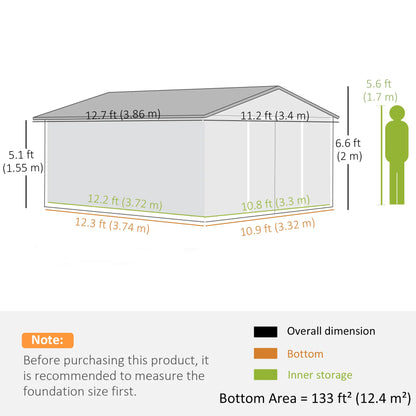 Outsunny 12.5ft Sliding Door Durable Steel Storage Shed with 4 Ventilation Outdoor, Green