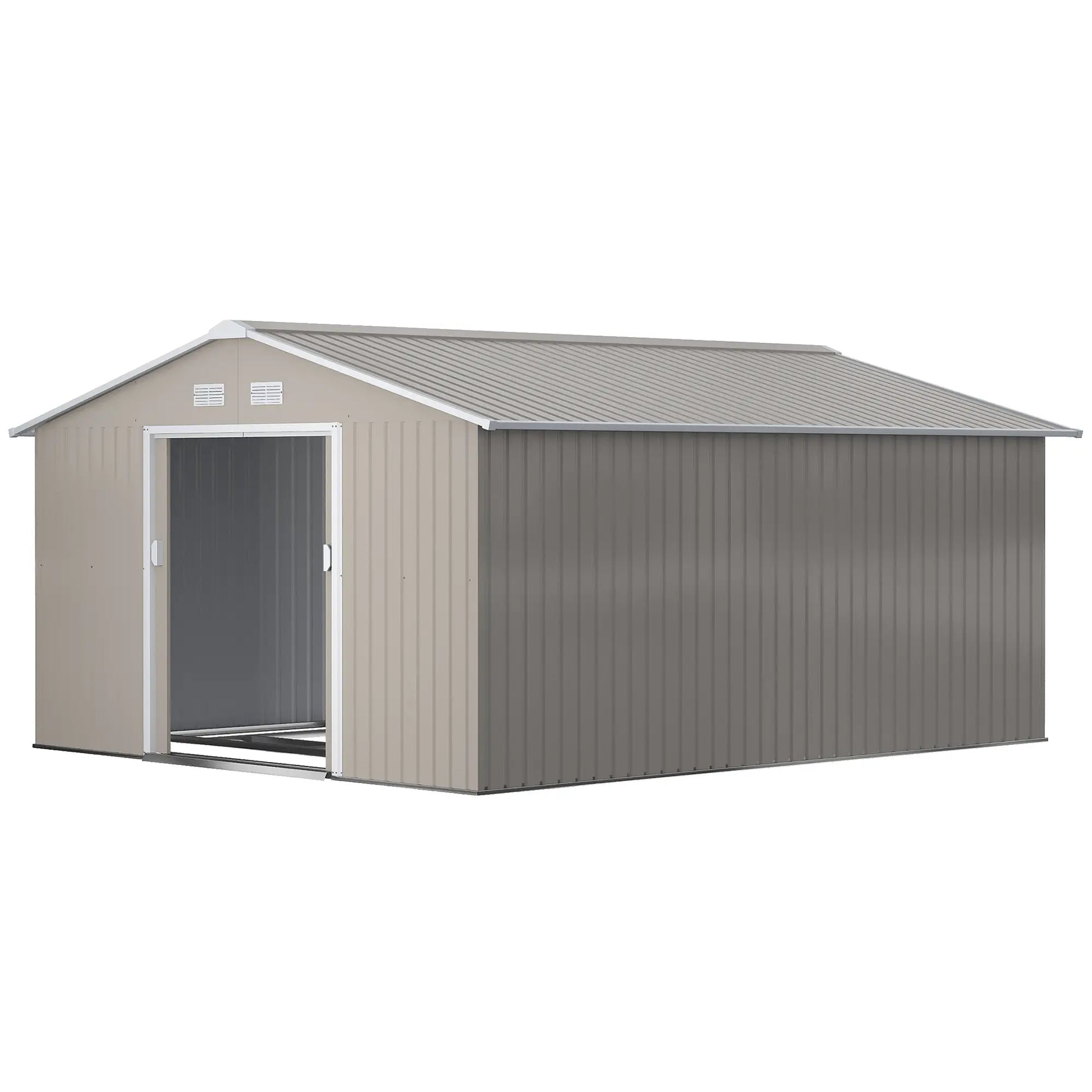 Outsunny 13 x 11ft Large Garden Shed, Mental Garden Storage Shed with Foundation Kit Ventilation & Doors, Light Grey