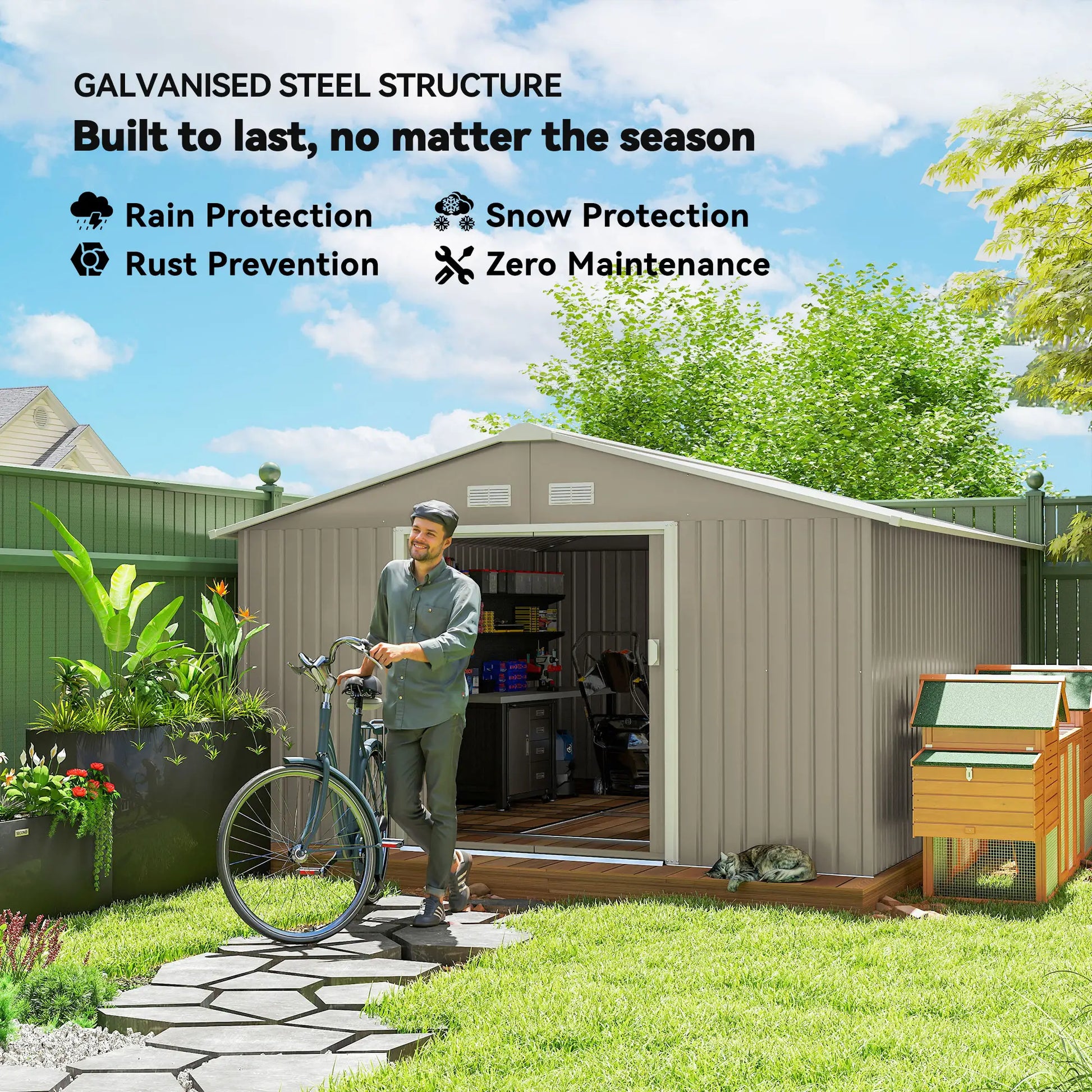 Outsunny 13 x 11ft Large Garden Shed, Mental Garden Storage Shed with Foundation Kit Ventilation & Doors, Light Grey