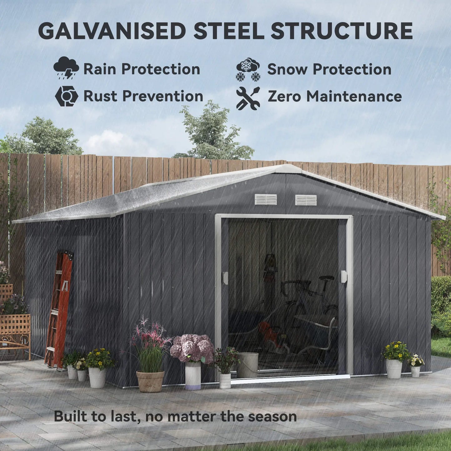 Outsunny 13 x 11ft Metal Garden Shed, Outdoor Storage Tool House with Ventilation Slots, Foundation Kit and Lockable Double Doors, Grey