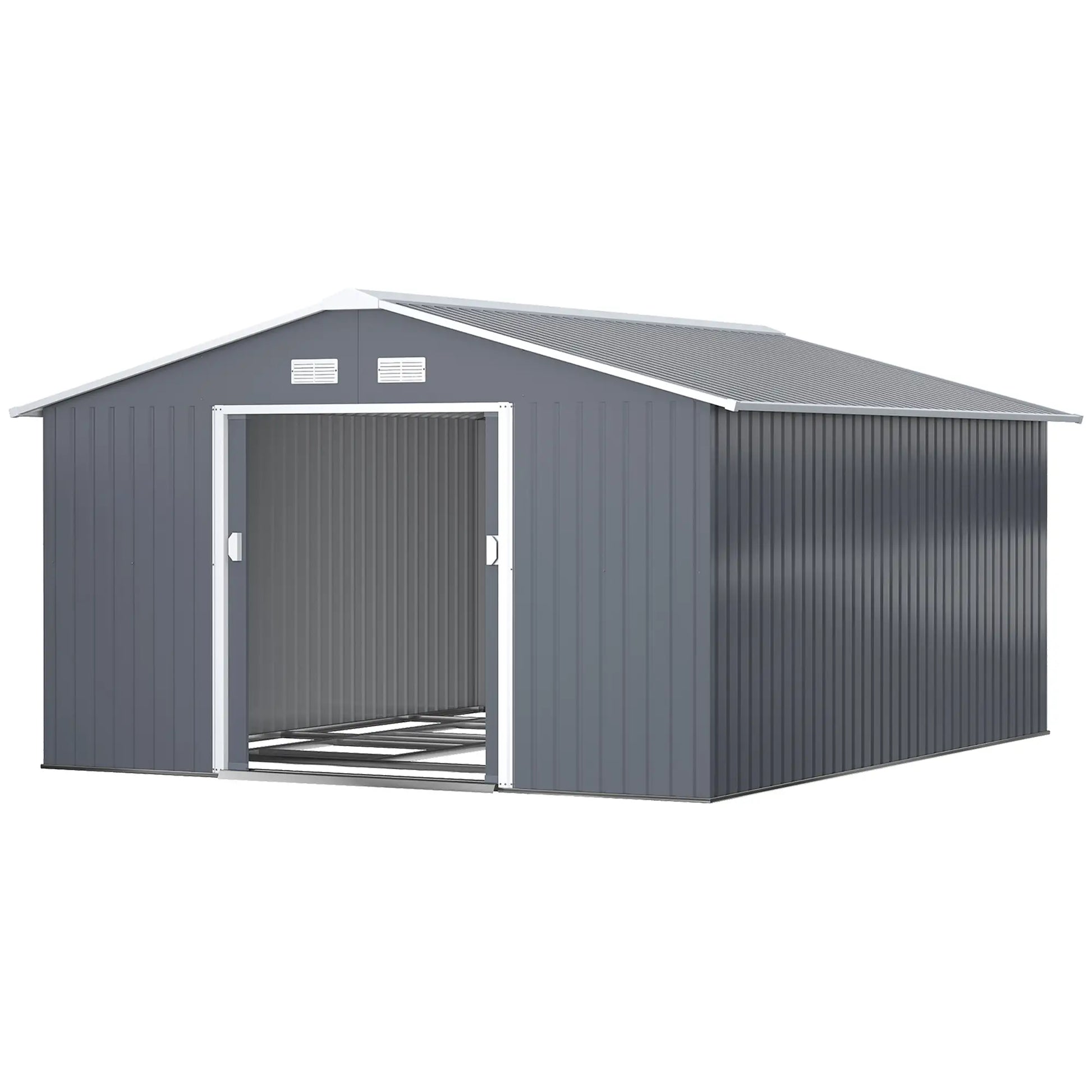 Outsunny 13 x 11ft Metal Garden Shed, Outdoor Storage Tool House with Ventilation Slots, Foundation Kit and Lockable Double Doors, Grey