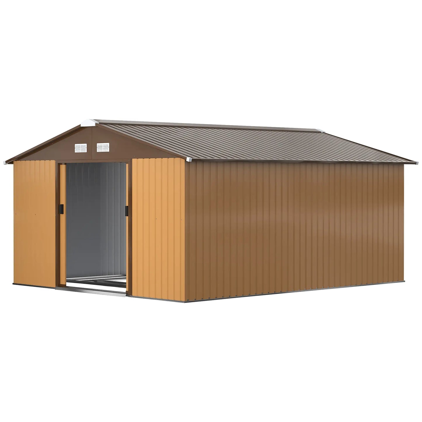 Outsunny 13 x 11ft Metal Garden Shed, Waterproof Outdoor Bike Storage Shed Galvanised with Vents, Foundation Kit, Apex Roof and Lockable Double Doors for Patio Lawn, Light Brown