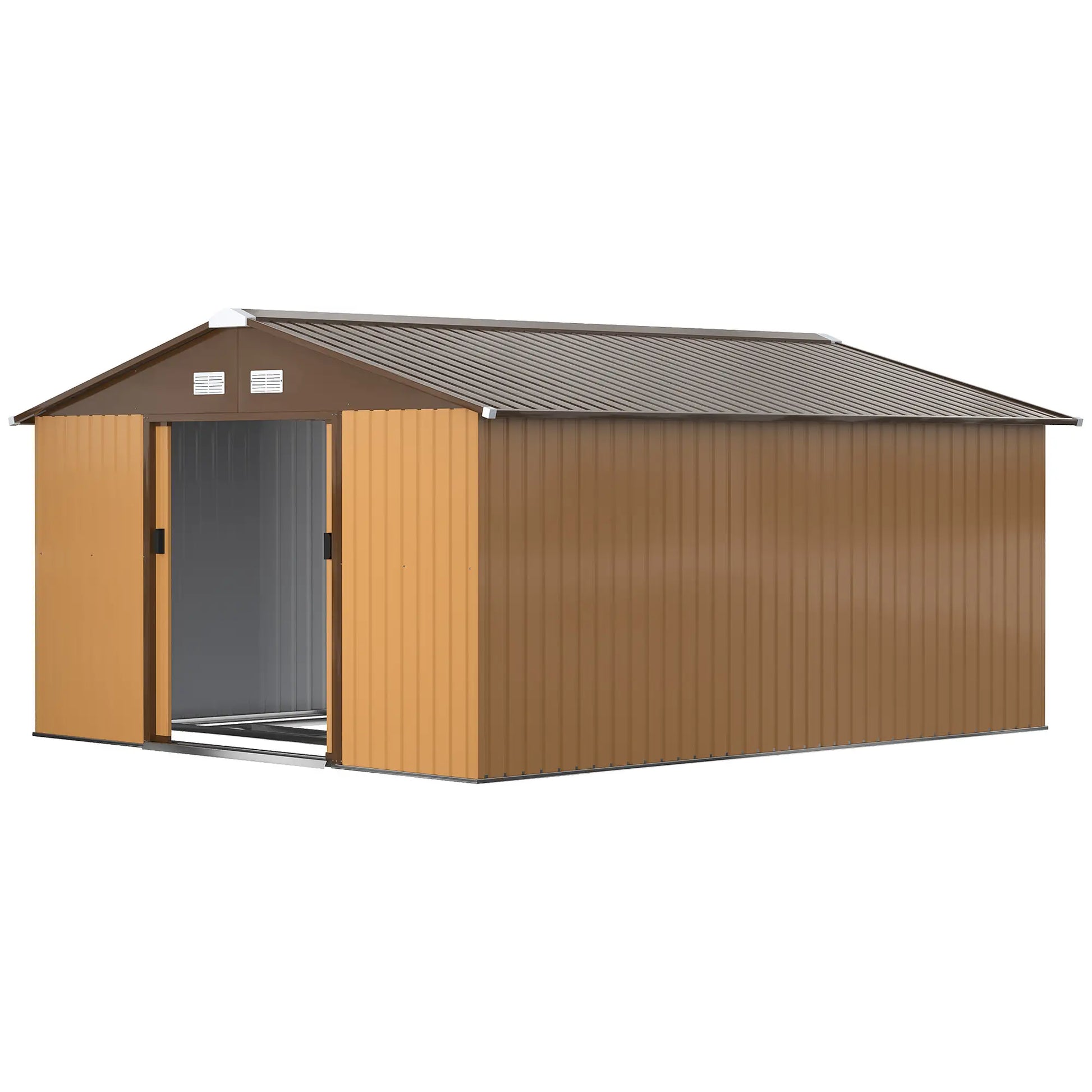 Outsunny 13 x 11ft Metal Garden Shed, Waterproof Outdoor Bike Storage Shed Galvanised with Vents, Foundation Kit, Apex Roof and Lockable Double Doors for Patio Lawn, Light Brown