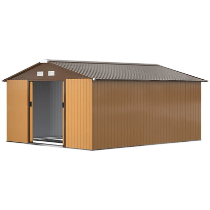 Outsunny 13 x 11ft Metal Garden Shed, Waterproof Outdoor Bike Storage Shed Galvanised with Vents, Foundation Kit, Apex Roof and Lockable Double Doors for Patio Lawn, Light Brown