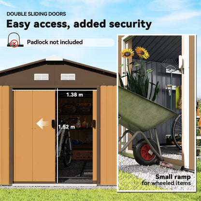 Outsunny 13 x 11ft Metal Garden Shed, Waterproof Outdoor Bike Storage Shed Galvanised with Vents, Foundation Kit, Apex Roof and Lockable Double Doors for Patio Lawn, Light Brown