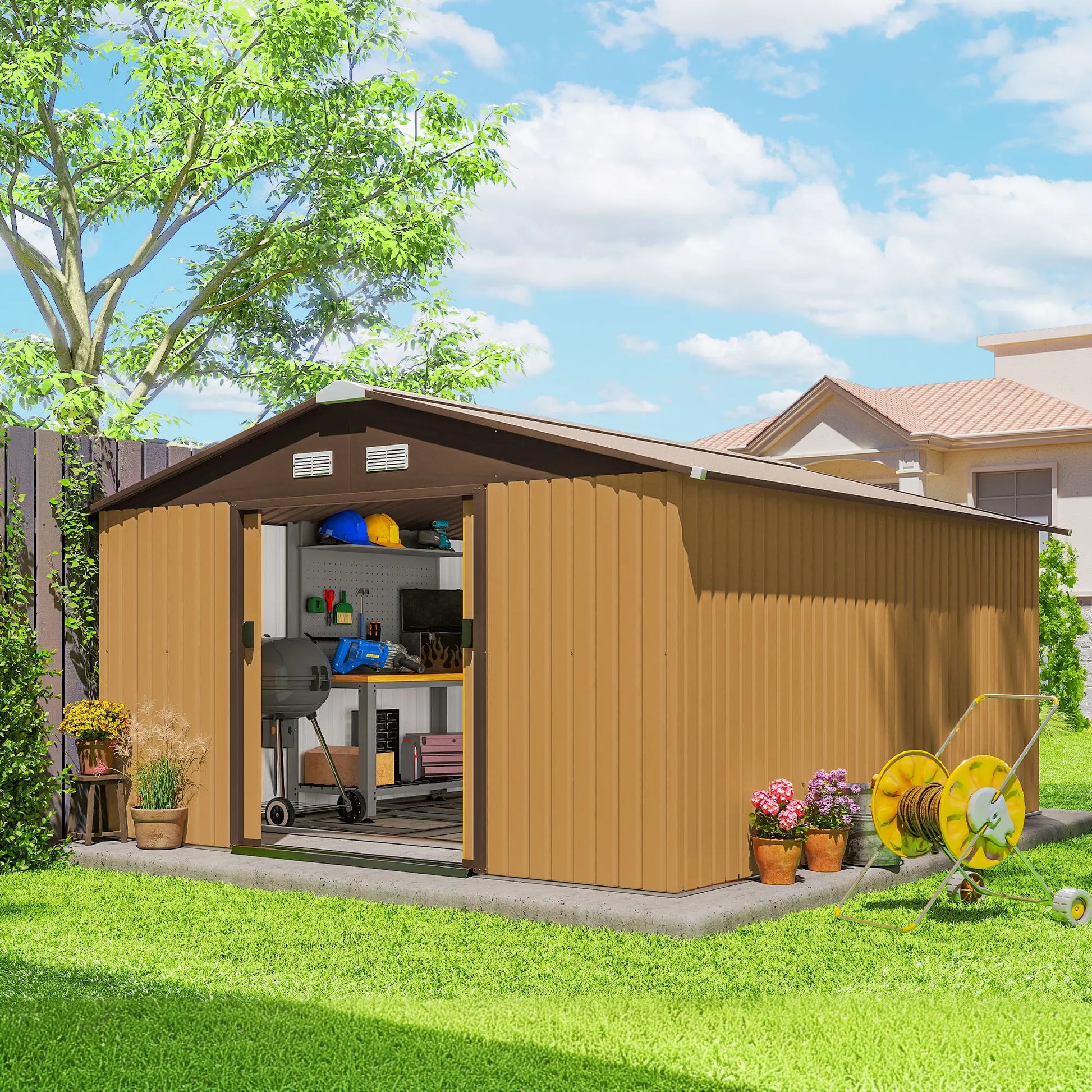 Outsunny 13 x 11ft Metal Garden Shed, Waterproof Outdoor Bike Storage Shed Galvanised with Vents, Foundation Kit, Apex Roof and Lockable Double Doors for Patio Lawn, Light Brown