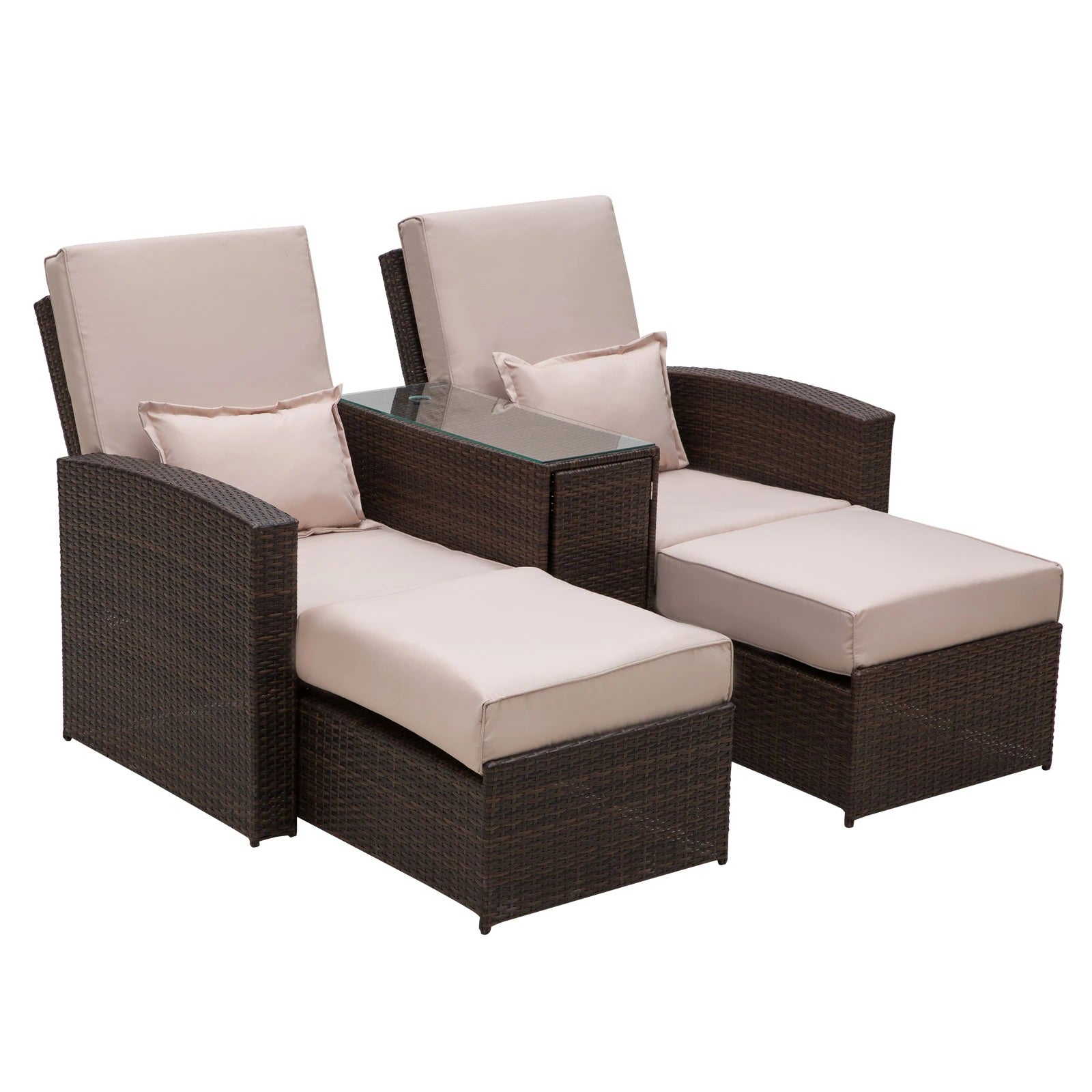 Outsunny 2-Seater Rattan Sofa Lounger Set-Brown