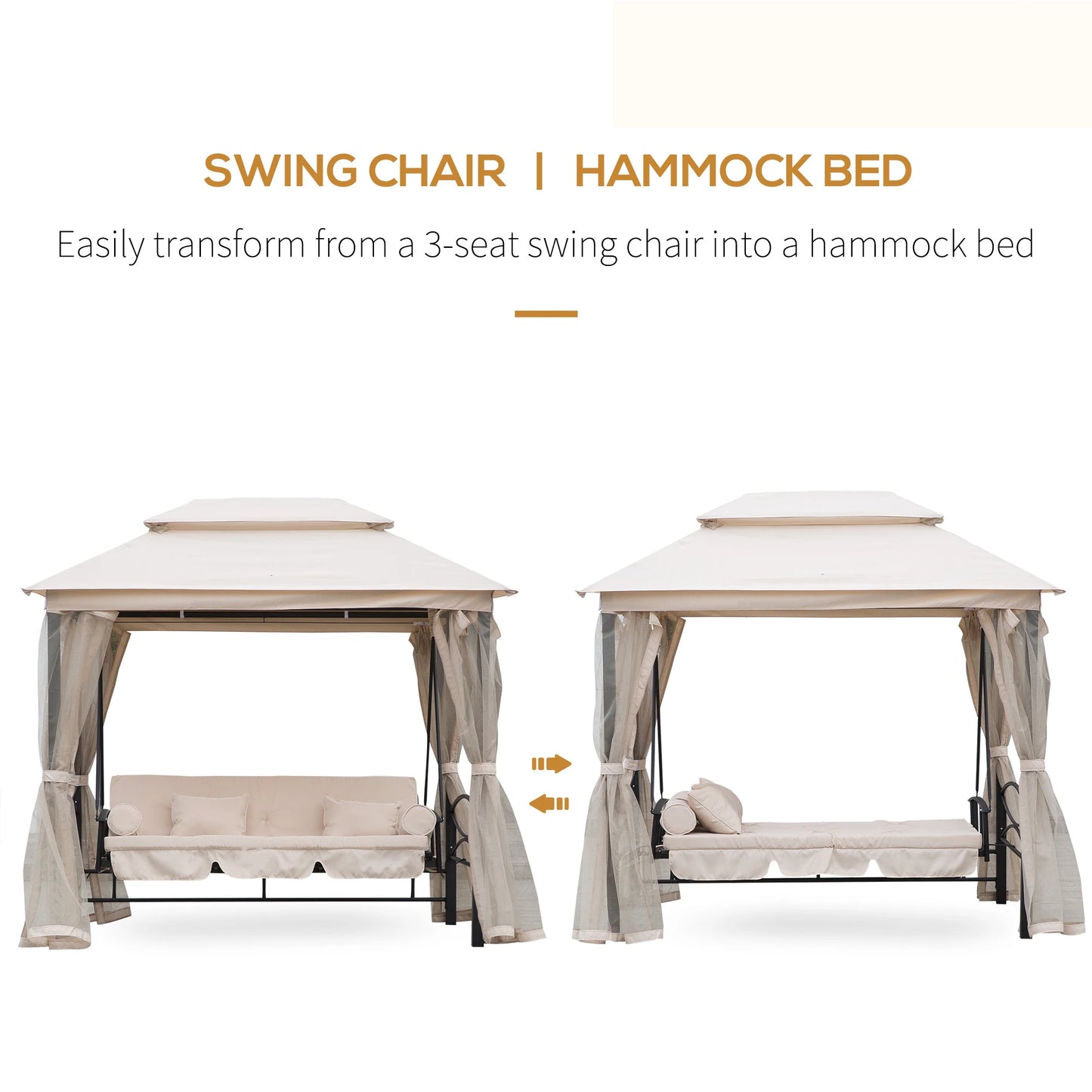 Outsunny 2-in-1 Convertible Gazebo Swing Chair Bed W/Netting, 245Lx165Wx243H cm-Beige/Black