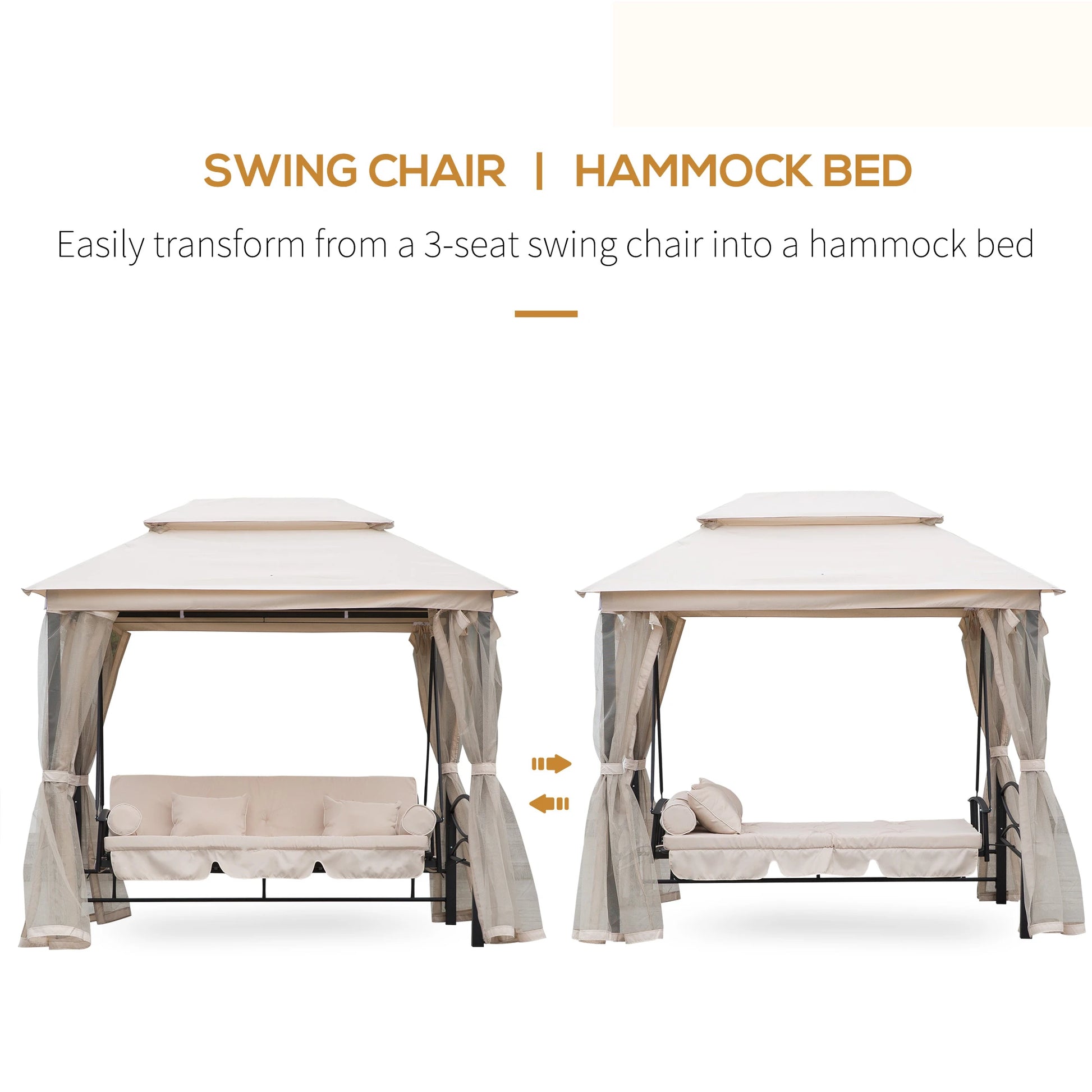 Outsunny 2-in-1 Convertible Gazebo Swing Chair Bed W/Netting, 245Lx165Wx243H cm-Beige/Black