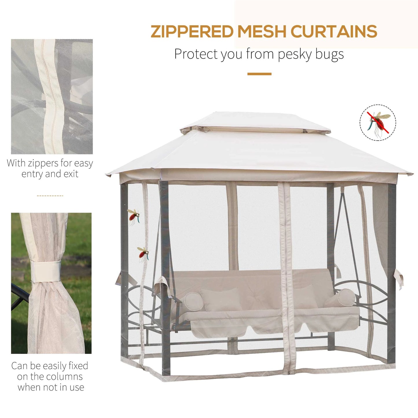 Outsunny 2-in-1 Convertible Gazebo Swing Chair Bed W/Netting, 245Lx165Wx243H cm-Beige/Black