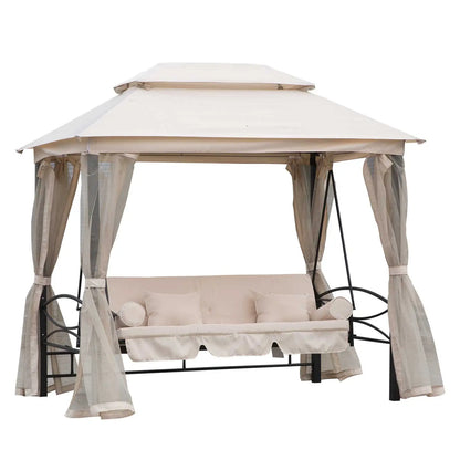Outsunny 2-in-1 Convertible Gazebo Swing Chair Bed W/Netting, 245Lx165Wx243H cm-Beige/Black