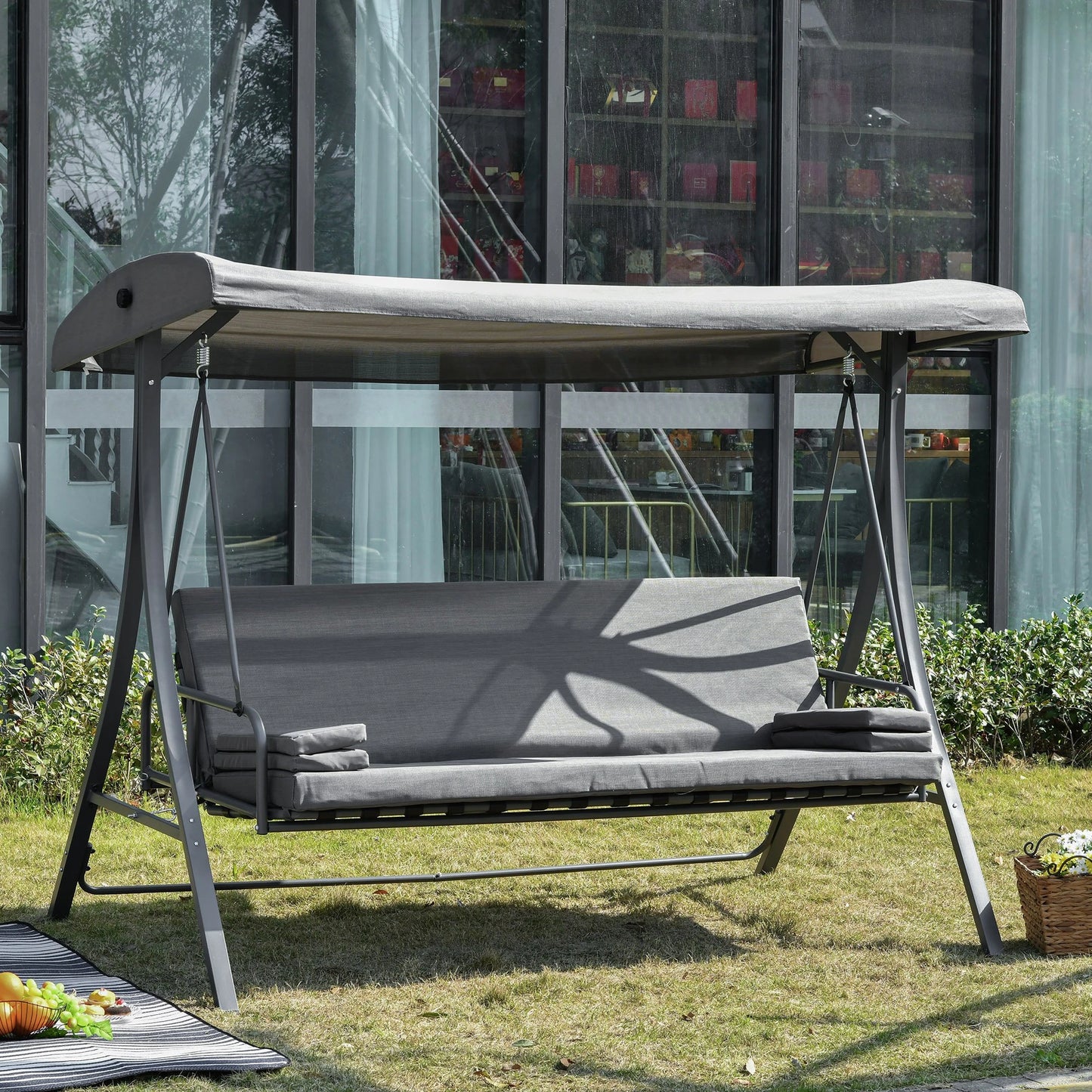 Outsunny 2-in-1 Patio 3 Seater Swing Chair Hammock w/ Cushion Adjustable Canopy Garden