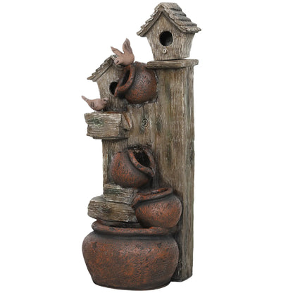 Outsunny 2-in-1 Waterfall Fountain with Birdhouse, Resin Garden Water Fountain with LED Lights Pump, Cascading Garden Water Feature with Tree Trunk Design, Multi-colour