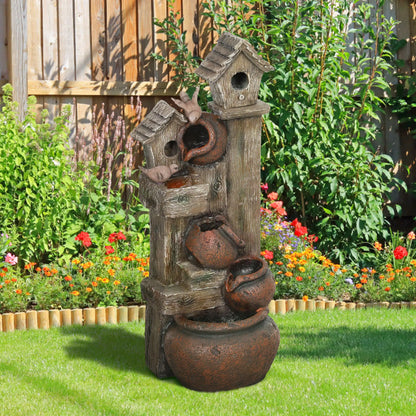 Outsunny 2-in-1 Waterfall Fountain with Birdhouse, Resin Garden Water Fountain with LED Lights Pump, Cascading Garden Water Feature with Tree Trunk Design, Multi-colour