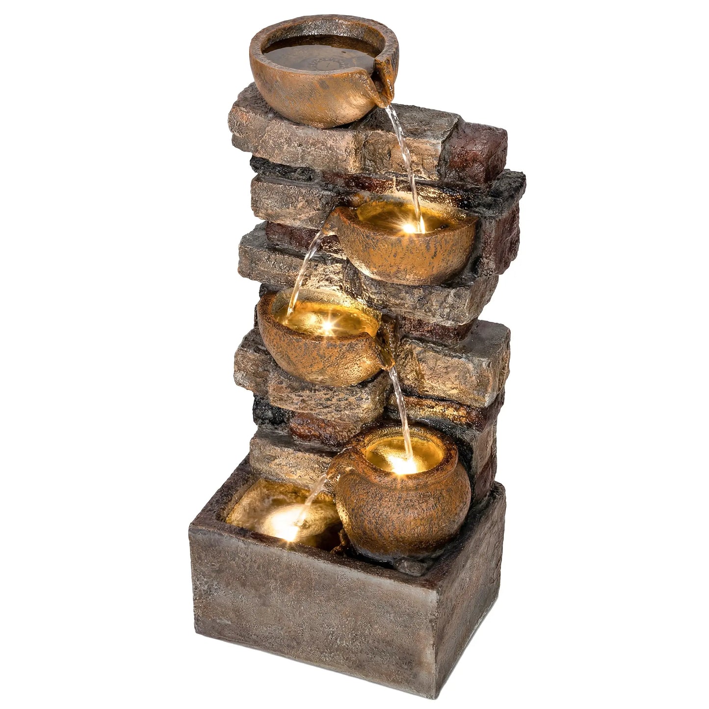 Outsunny 28" 5-Tier Outdoor Fountain, Cascading Waterfall Feature with LED Lights, Adjustable Flow, Rustic Brown
