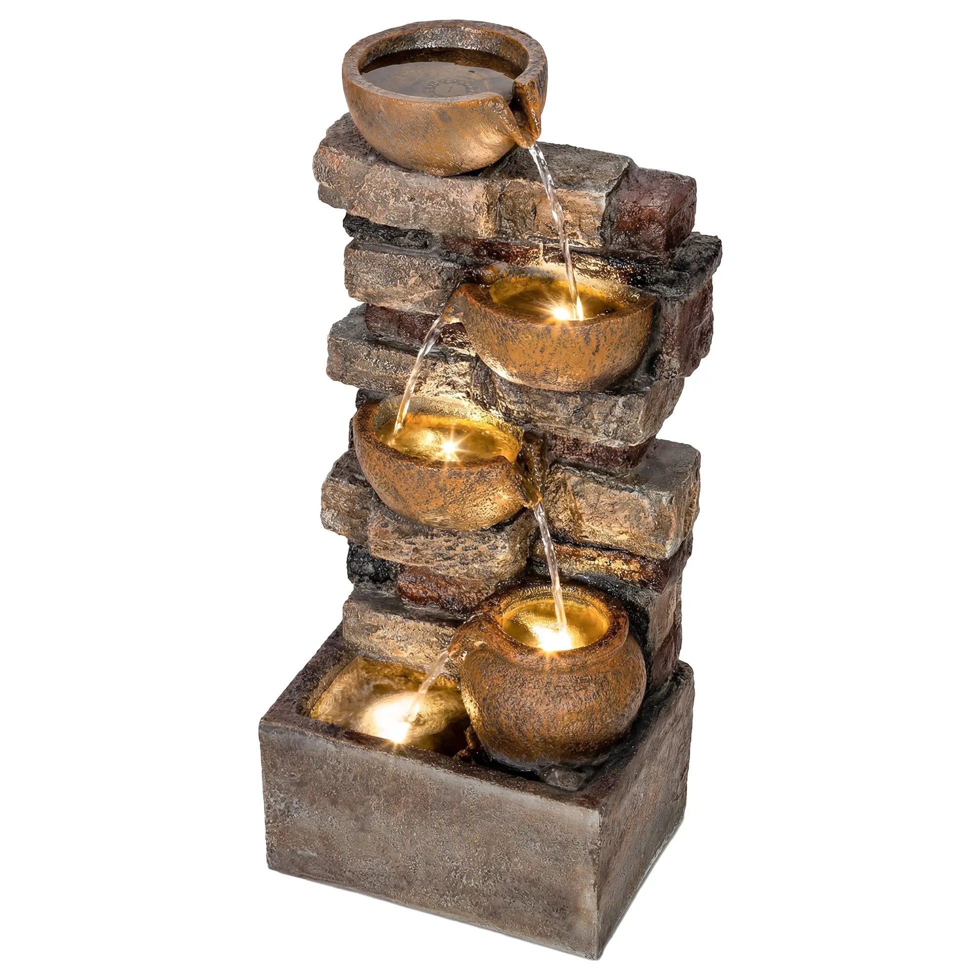 Outsunny 28" 5-Tier Outdoor Fountain, Cascading Waterfall Feature with LED Lights, Adjustable Flow, Rustic Brown