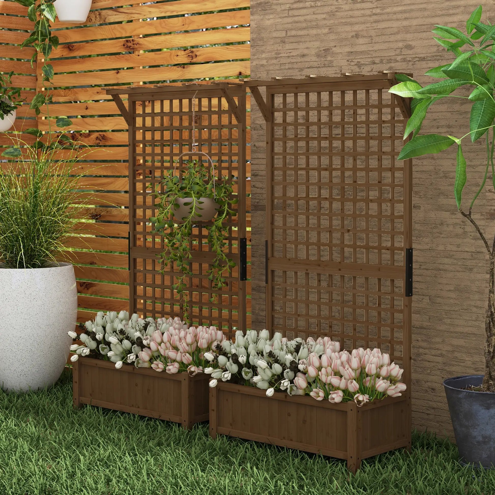 Outsunny 2 Pack Raised Garden Beds with Trellis & Drainage Holes, Wooden Planters