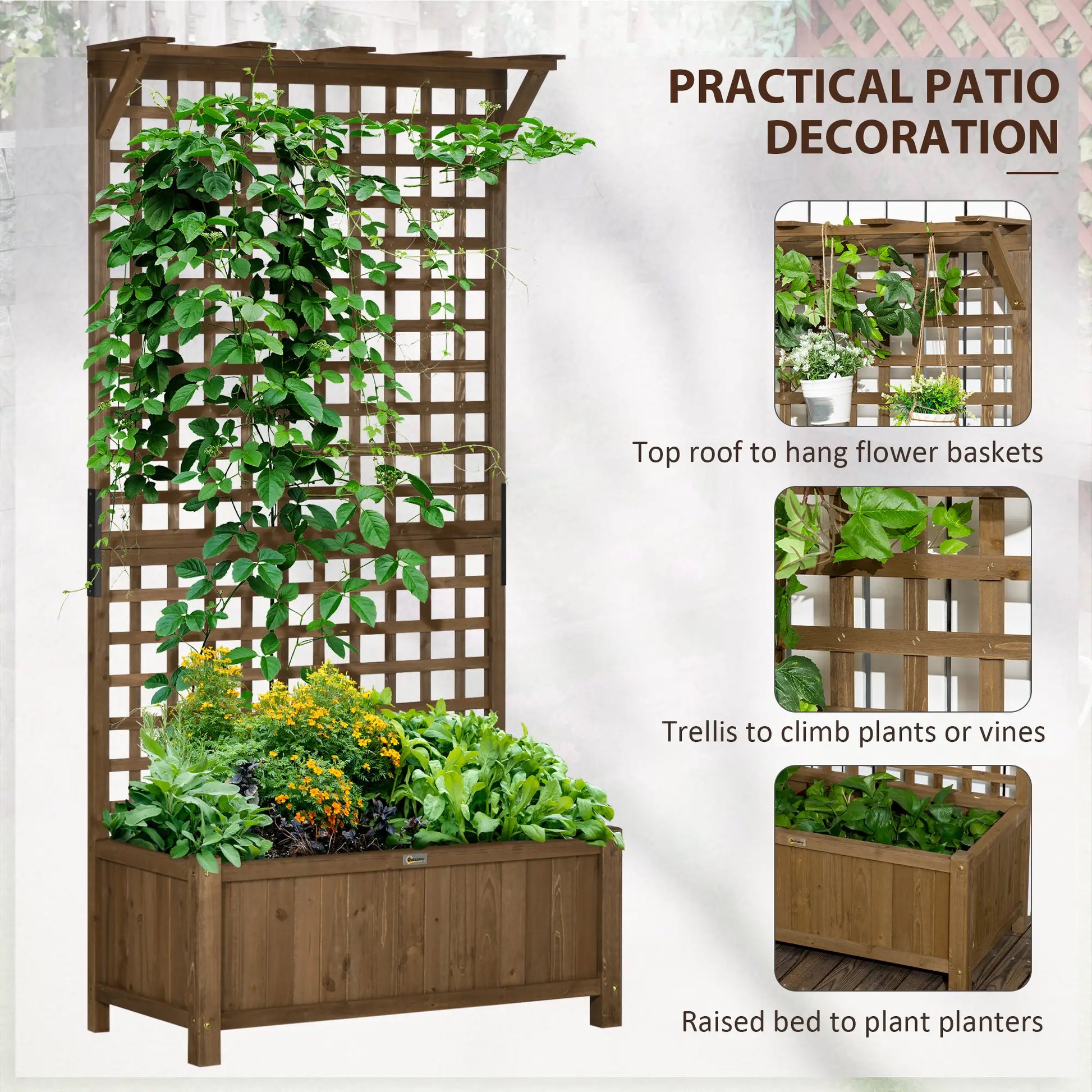 Outsunny 2 Pack Raised Garden Beds with Trellis & Drainage Holes, Wooden Planters