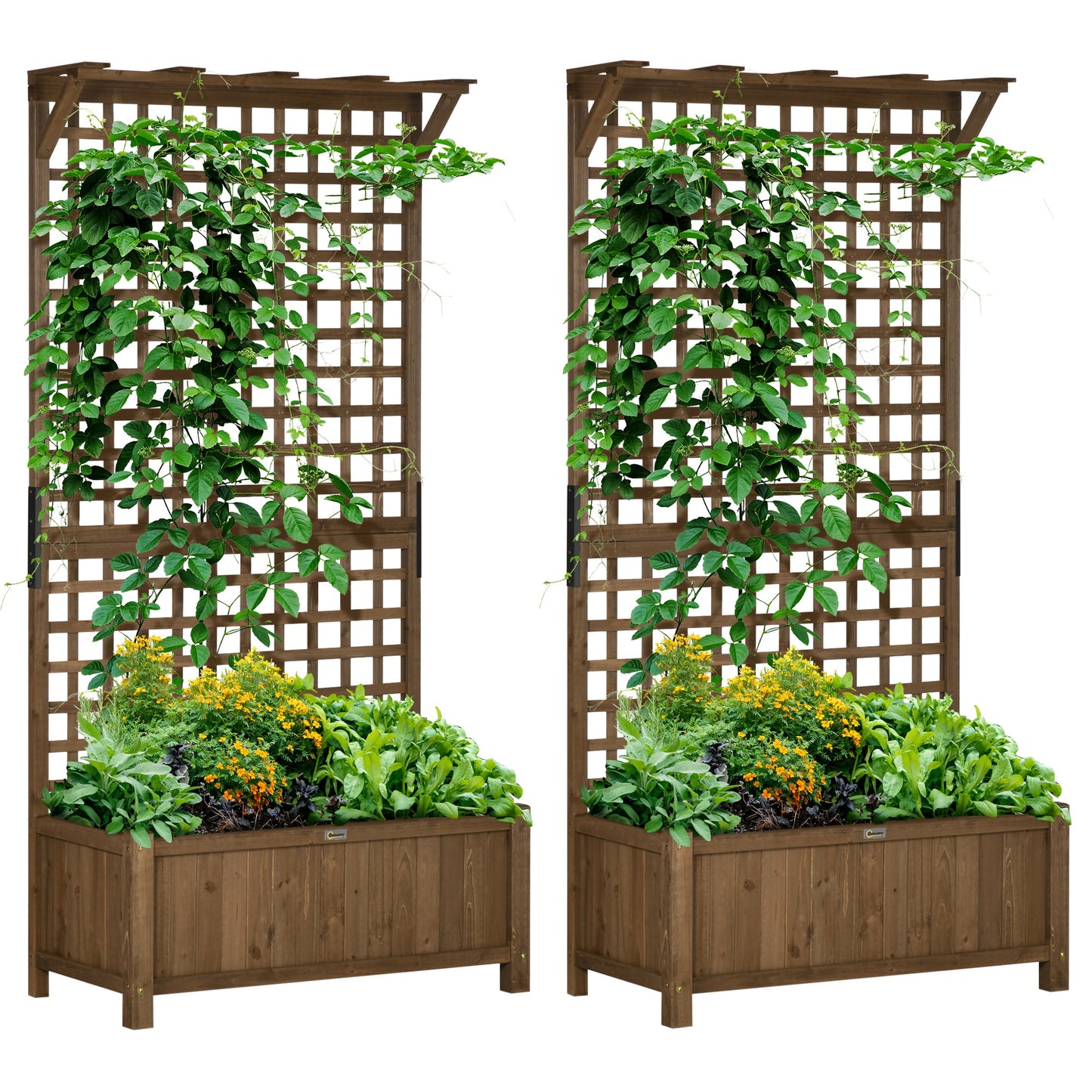 Outsunny 2 Pack Raised Garden Beds with Trellis & Drainage Holes, Wooden Planters
