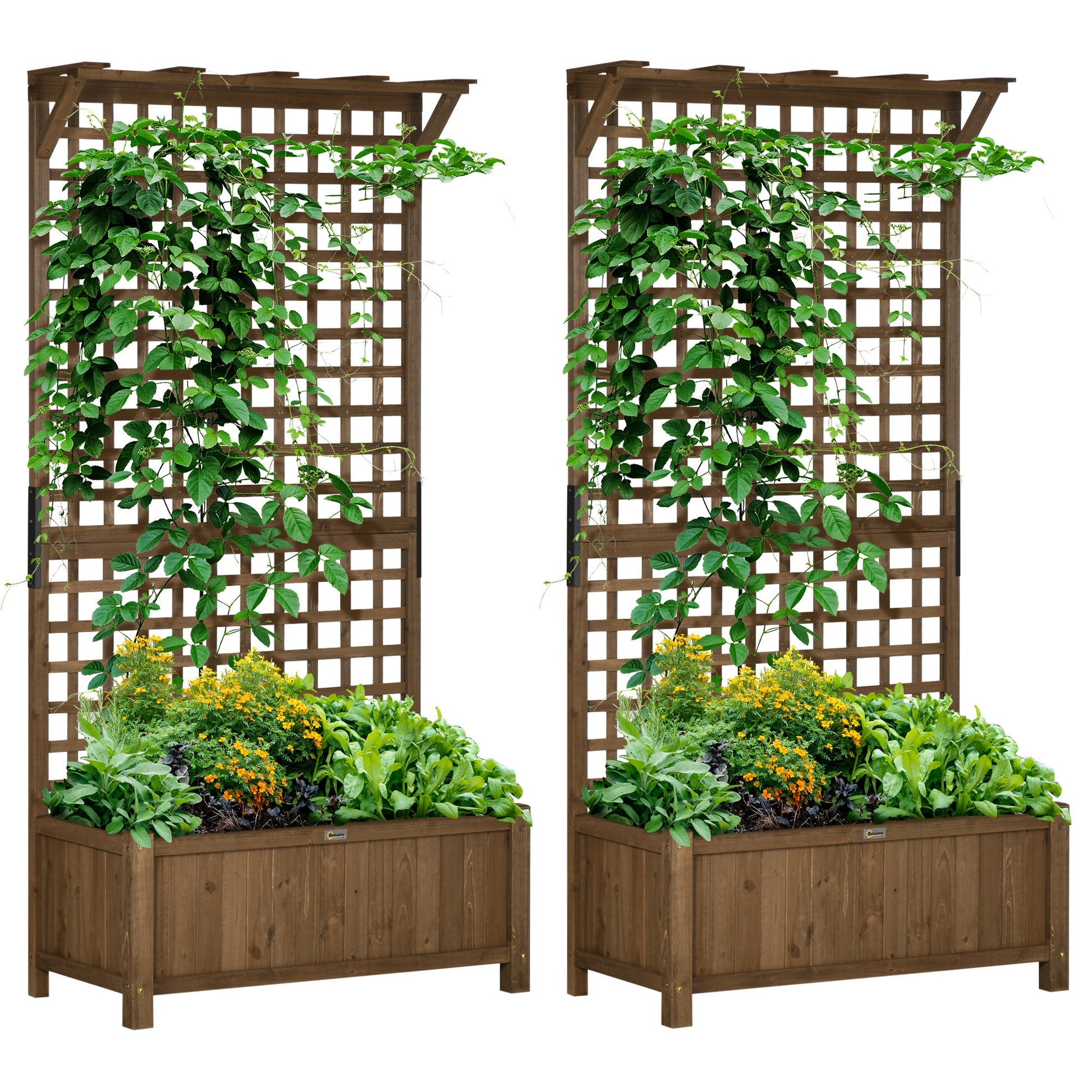 Outsunny 2 Pack Raised Garden Beds with Trellis & Drainage Holes, Wooden Planters